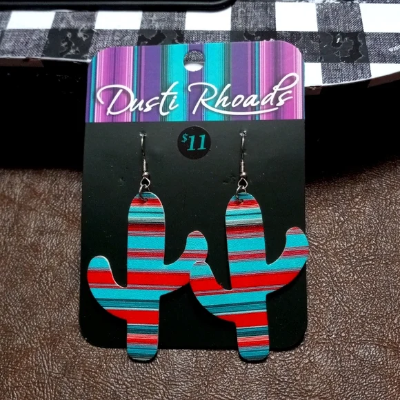 Serape Pleather Cactus Earrings - Picture 1 of 5